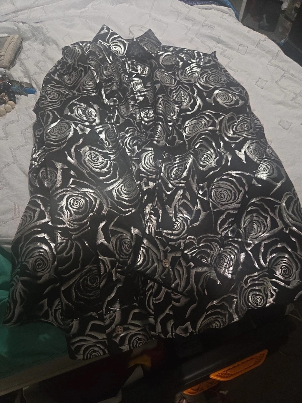 Black and Silver Floral Satin Skirt - Women